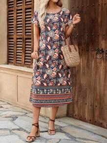 EMERY ROSE Women's Casual Straight Midi Dress With Plant Print And Bat Sleeves, Vacation Wear