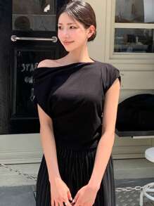 DAZY T-shirt femme à épaules dénudées, couleur unie, manches courtes, pour le printemps/été, noir