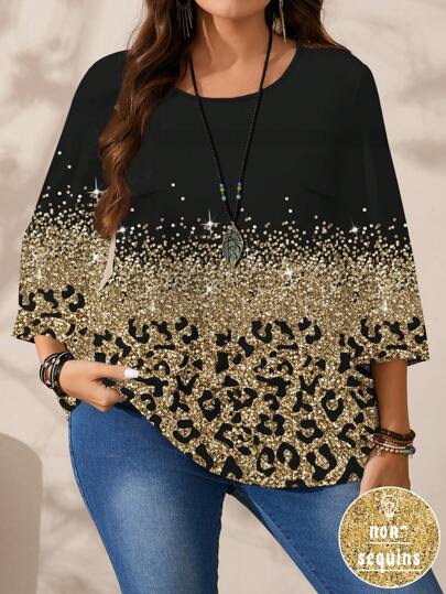 EMERY ROSE Blusa de manga 3/4 con cuello redondo, de corte holgado, con estampado completo de leopardo y lámina dorada para mujer de talla grande