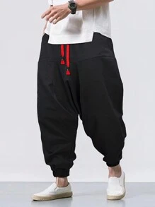 Manfinity Hypemode 男士时尚哈伦九分裤，休闲抽绳腰部宽松嘻哈长裤，男友礼物，秋季 - 黑色 - 查看 4