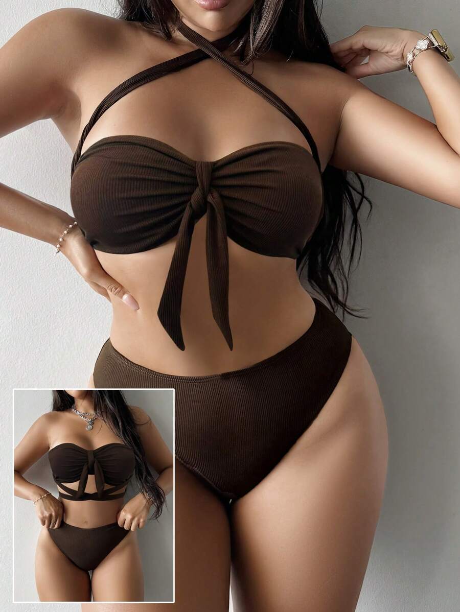 Swim SXY Women's New Ribbed Sling Halter Neck Tie-Front Bikini Set Summer