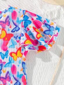 SHEIN 2pcs/Set Girls Casual Butterfly Print Round Neck Double Layer Ruffle Sleeve Knit Dress