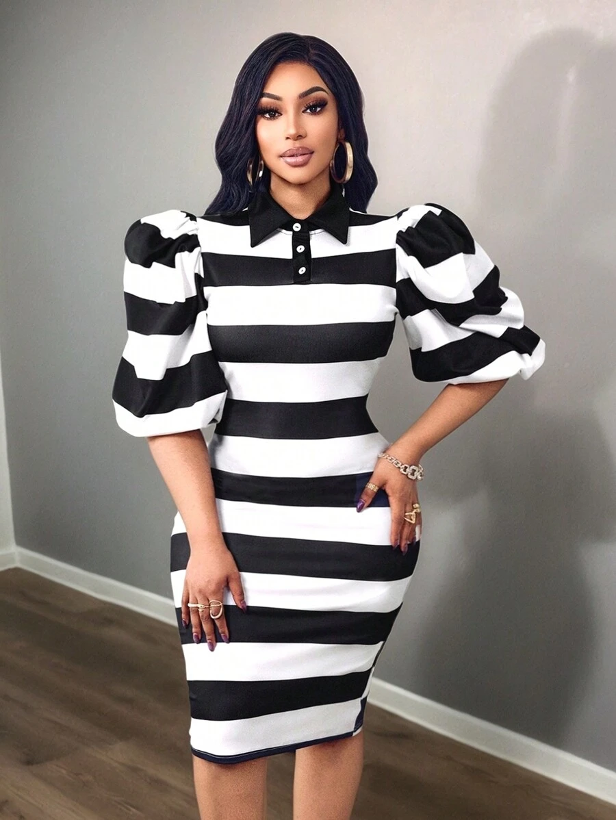 BamGleam BamGlam Đầm bodycon dài dành cho nữ có họa tiết sọc, cổ áo kiểu Trung Quốc và tay áo hình đèn lồng Đầm dự tiệc ngày lễ cho nữ năm mới Trang phục cho nữ - Đen và trắng - Xem 1