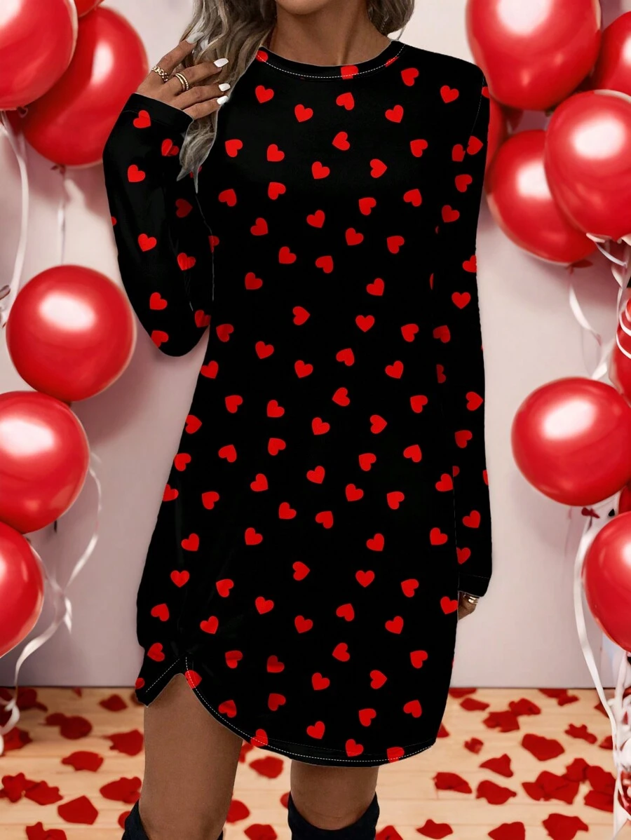 SHEIN LUNE 情人节女士心形图案休闲扭纹下摆长袖圆领连衣裙 - 白色 - 查看 1