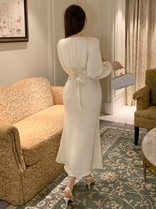 DAZY Women V-Neck Fitted Mid-Length Dress, White, Spring/Summer/Autumn Long Sleeve Dress - White - View 2