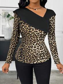 SHEIN Clasi Women's Fashion Color Block Leopard Print Asymmetric Neck T-Shirt Fall Cloth For Women - Mocha Brown - View 5