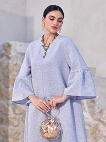 Al Najma Vestido árabe holgado con cuello en V, manga acampanada y estampado floral jacquard para mujer