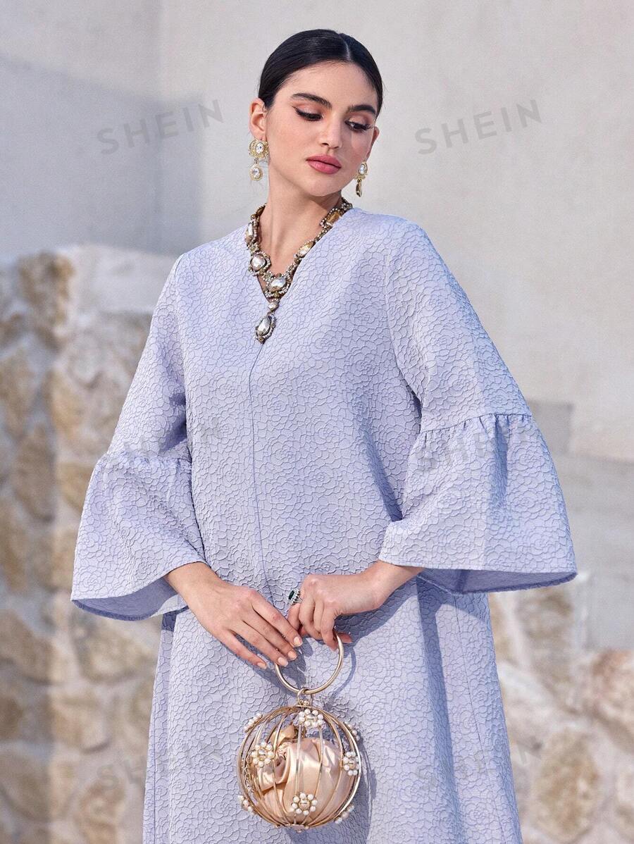 Al Najma Vestido árabe holgado con cuello en V, manga acampanada y estampado floral jacquard para mujer