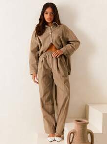 Athîral 女士松紧腰条纹休闲宽松裤，日常穿着 - 駝色 - 查看 2