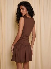 COSMINA Vestido corto casual sin mangas con pliegues de unicolor para mujer