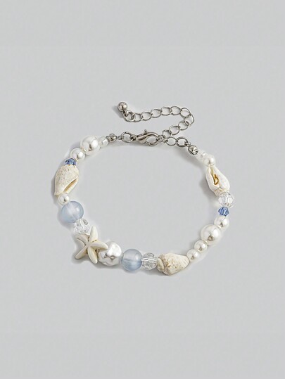 Fairycore 1pc Fashionable Ocean Style Simple Beaded Bracelet With Shells/Starfish/Crystals/Pearls/Beads