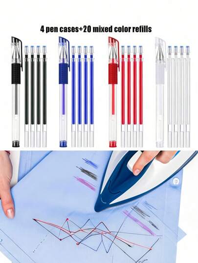 24 peças/Conjunto Recarga de Marcador de Tecido Evaporável de Alta Temperatura em Quatro Cores com 4 Estojos de Caneta, Caneta Apagável a Calor, Canetas Autoevanescentes para Alfaiataria, Costura e Traçado de Tecidos, Acolchoado e Confecção de Roupas