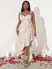 SHEIN SXY Vestido de tirantesajustable con estampado de lunares rojos y blancos, con volantes, en tema de San Valentín, para mujer talla extra, primavera/verano