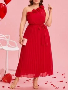 SHEIN Clasi Plus Size Elegant Solid Color One Shoulder Floral Decor Pleated Hem Dress, Suitable For Valentine's Day