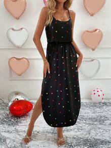 SHEIN LUNE Rochie slip cu imprimeu inimioare colorata de baza neagra de primavara, rochie lunga pentru femei, romantica pentru intalnirea de Ziua Indragostitilor - Negru - Vizualizare 6