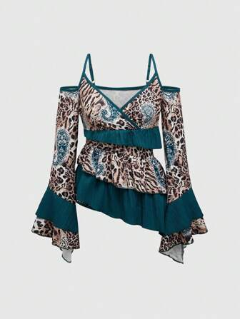 Grunge Punk T-shirt asymétrique à manches évasées, épaules dénudées, imprimé léopard et cachemire vintage Y2K pour femmes