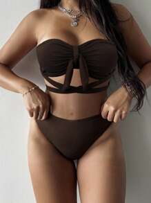 Swim SXY Women's New Ribbed Sling Halter Neck Tie-Front Bikini Set Summer