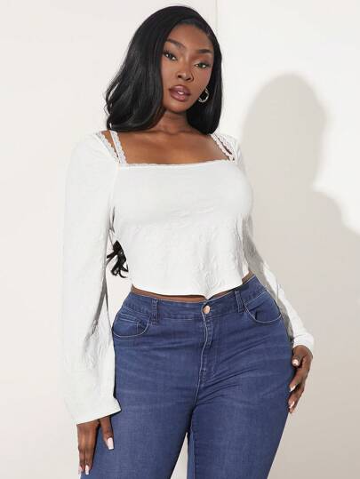 SHEIN SXY Plus Size Women's 2025 Spring & Summer New Valentine's Day Series 2 In 1 Floral Strap Flare Sleeve Jacquard Top, Suitable For Date Night, Birthday, Bachelorette Party, Cute, Casual, Shopping, Streetwear, Going Out, Easy To Match & Looks Slim, Accentuates Your Body, Flatters The Figure