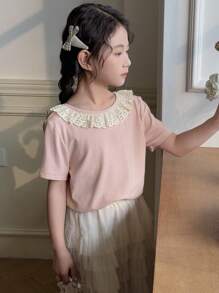 DAZY 青少年女孩圆领蕾丝拼布针织短袖 T 恤，秋季服装，返校服装