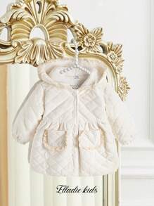 SHEIN Toddler Girls Lace Hooded Pocket Waist Windbreaker, Thick And Warm, Fashion Cute Unique Outdoor Jacket, Autumn/Winter