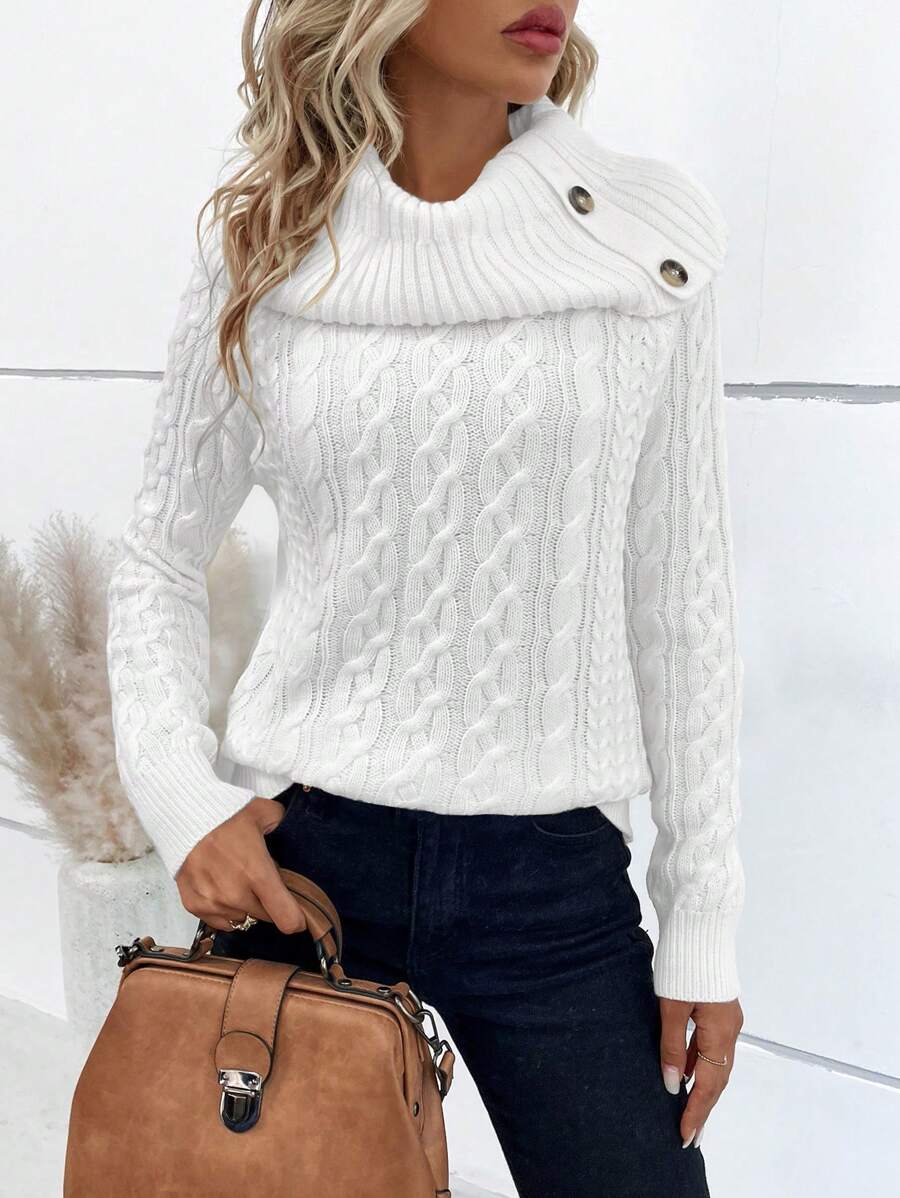 SHEIN Clasi Women Plain Button Long Sleeve Casual, Everyday Wear Knit Pullover Fall Winter Sweater - White - View 1