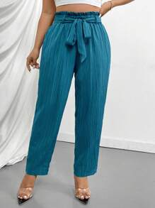 SHEIN Privé Quần tây ống côn cạp cao, bèo nhún, thắt eo, dáng ôm, có túi, dành cho người có vóc dáng đầy đặn. - Màu xanh ngọc - Xem 4