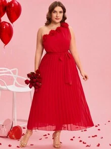 SHEIN Clasi Plus Size Elegant Solid Color One Shoulder Floral Decor Pleated Hem Dress, Suitable For Valentine's Day