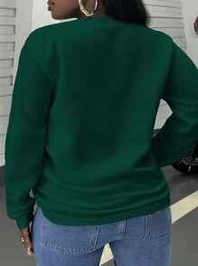 SHEIN Slayr 大码女式圣诞口号和人物印花圆领长袖休闲运动衫，适合秋冬季 - 墨綠色 - 查看 2