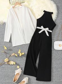 SHEIN Tween Girl 2 件套：纯色落肩开衫 + 纯色无袖连体裤，休闲