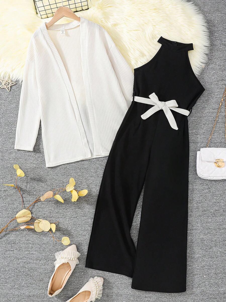 SHEIN Tween Girl 2 件套：纯色落肩开衫 + 纯色无袖连体裤，休闲