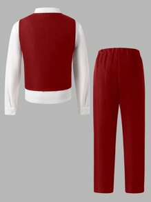 SHEIN 2 件套青少年男孩绅士套装，包括无袖背心夹克和长裤，优雅正式西装，适合生日派对、婚礼、正式场合、周年纪念、毕业典礼 - 酒紅色 - 查看 2