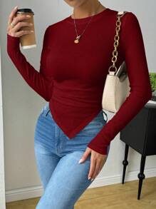 Zielony 1pc Casual Long Sleeve Round Neck Asymmetrical Hem T-Shirt Fall Cloth For Women - Burgundy - View 7