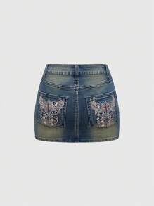 ROMWE Grunge Punk Minifalda de mezclilla con bordado de cruz y decoración de rhinestones para mujer, estilo Y2K - Multicolor - Ver 1