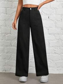 SHEIN PETITE Autumn And Winter Wear Women's Solid Color Straight Corduroy Pants - Black - View 7