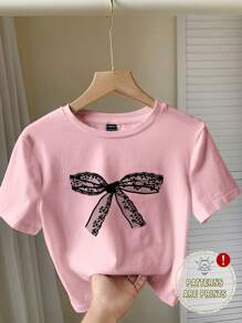 Comfortcana 休闲黑色蕾丝蝴蝶结染粉色圆领短袖修身T恤女款，适合夏季 - 淺粉色 - 查看 1