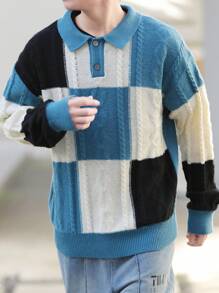 Manfinity Sporsity Men's Front Button Long Sleeve Plaid Casual Sweater, Everyday Wear