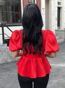 Dames effen kleur gestrikte voorkant pofmouw mode blouse, rode top