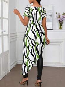 SHEIN Lady 女士圆领短袖扭纹不对称下摆条纹印花衬衫