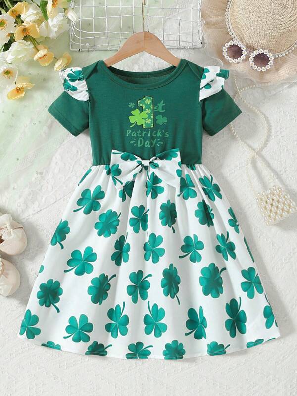 Vestido del Día de San Patricio para niñas de 4 a 7 años, color verde, de moda con decoración de lazo y estampado de trébol, para uso casual en el hogar o diario
