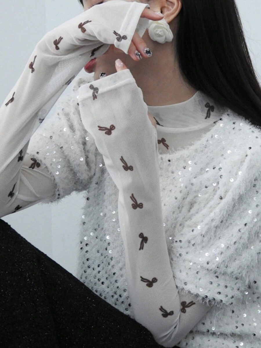 DAZY Women's Bow Print Mock Neck Fitted Sheer Blouse, White, Spring/Summer/Autumn