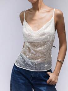 Aveloria Affinna 性感低胸串珠亮片褶皱修身女式吊带背心，派对设计，适合春夏季、情人节