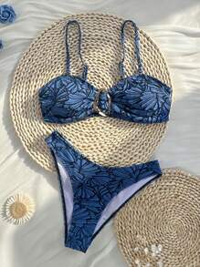 Swim Mod Bikini de 2 piezas para mujer con tirantes de espagueti, decoración metálica y tela texturizada, diseño sexy para el verano - Azul - Ver 1
