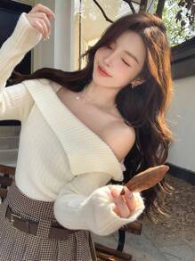 DAZY 1pc Women Off-Shoulder Knit Sweater Casual Long Sleeve Off Shoulder Sweater,Fall Women Clothes - Apricot - View 2