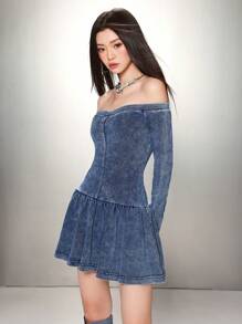 SHEIN EZwear 女士性感露肩长袖紧身牛仔连衣裙，蓝色 - 藍色 - 查看 5