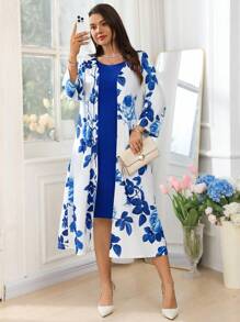 SHEIN Clasi 1 件套女士加大码时尚印花开衫和修身中长连衣裙，凉爽、缓解压力的服装，优雅的圣诞节、新年晚礼服 - 藍色 - 查看 4