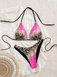 SHEIN 夏季 2 件套女士性感优雅豹纹渐变闪光印花吊带比基尼套装，适合海滩度假出游