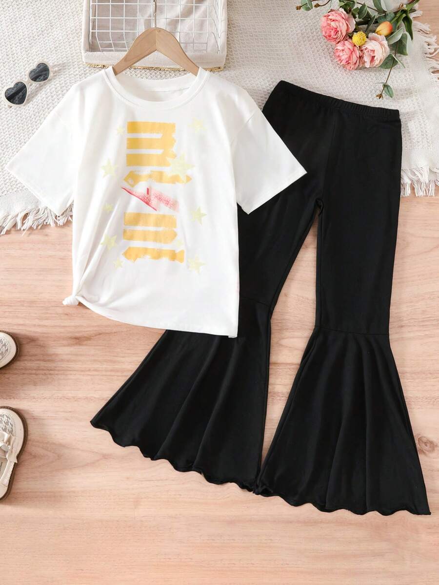 SHEIN 2pcs/Set Girls T-Shirt & Flare Pants Set, Spring/Autumn, Letter Print T-Shirt, Casual Loose Ripped Design Flare Pants, Fashionable & Versatile Outfit