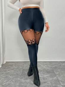 SHEIN Unity Plus Size Lace Patchwork Elastic Casual Slim Fit Leggings - Navy Blue - View 4