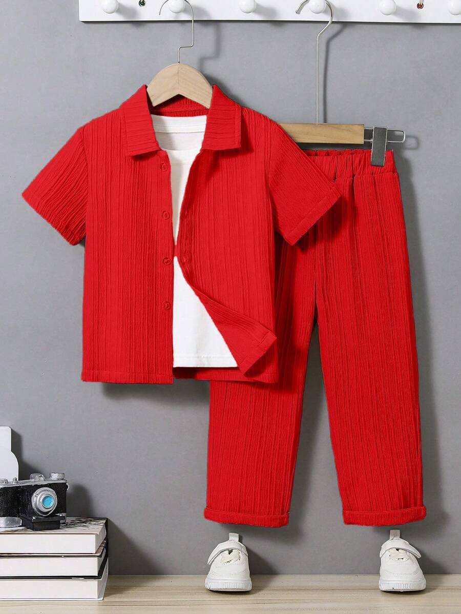 SHEIN Explorewe 2 件套年轻男孩休闲学院风字母印花 Polo 领短袖衬衫和短裤,适合日常穿着、旅行、休闲、上学、春夏度假、假日 - 紅色 - 查看 1