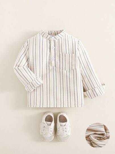 Souflis Souflis 年轻男孩幼儿休闲时尚纹理条纹面料亨利领半扣长袖口袋衬衫，适合春季、秋季、派对、郊游、上学和日常穿着